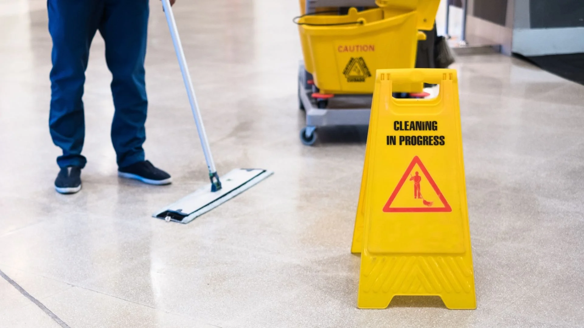 Commercial floor cleaning in progress at an Orange County workplace