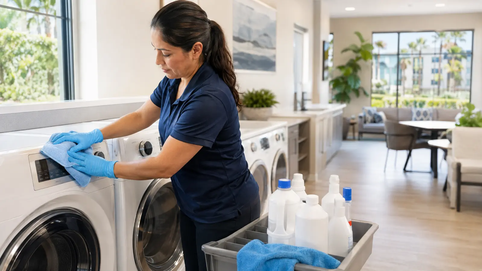 Gloved professional cleaner wiping a washing machine in a shared apartment laundry room