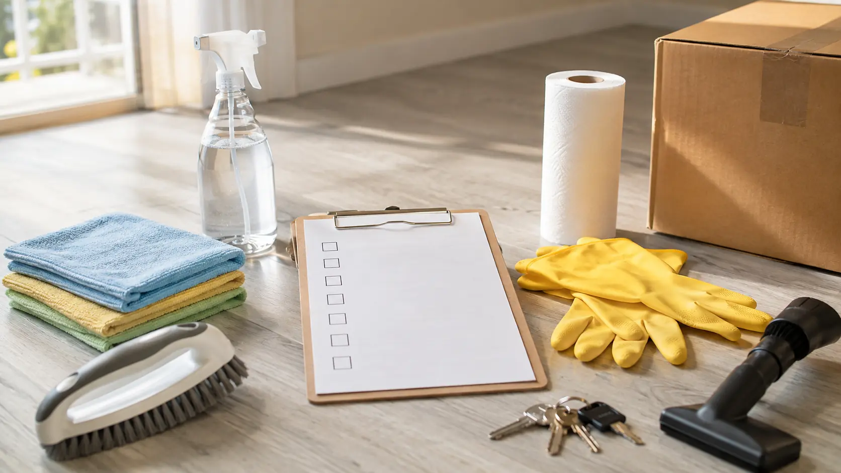 Apartment move-out cleaning supplies beside a blank checklist and apartment keys