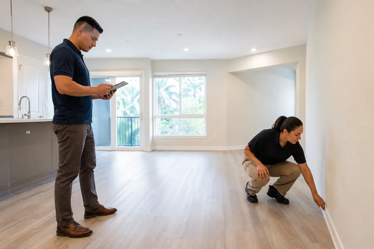 Property manager and cleaning lead completing a final walkthrough in a clean vacant apartment