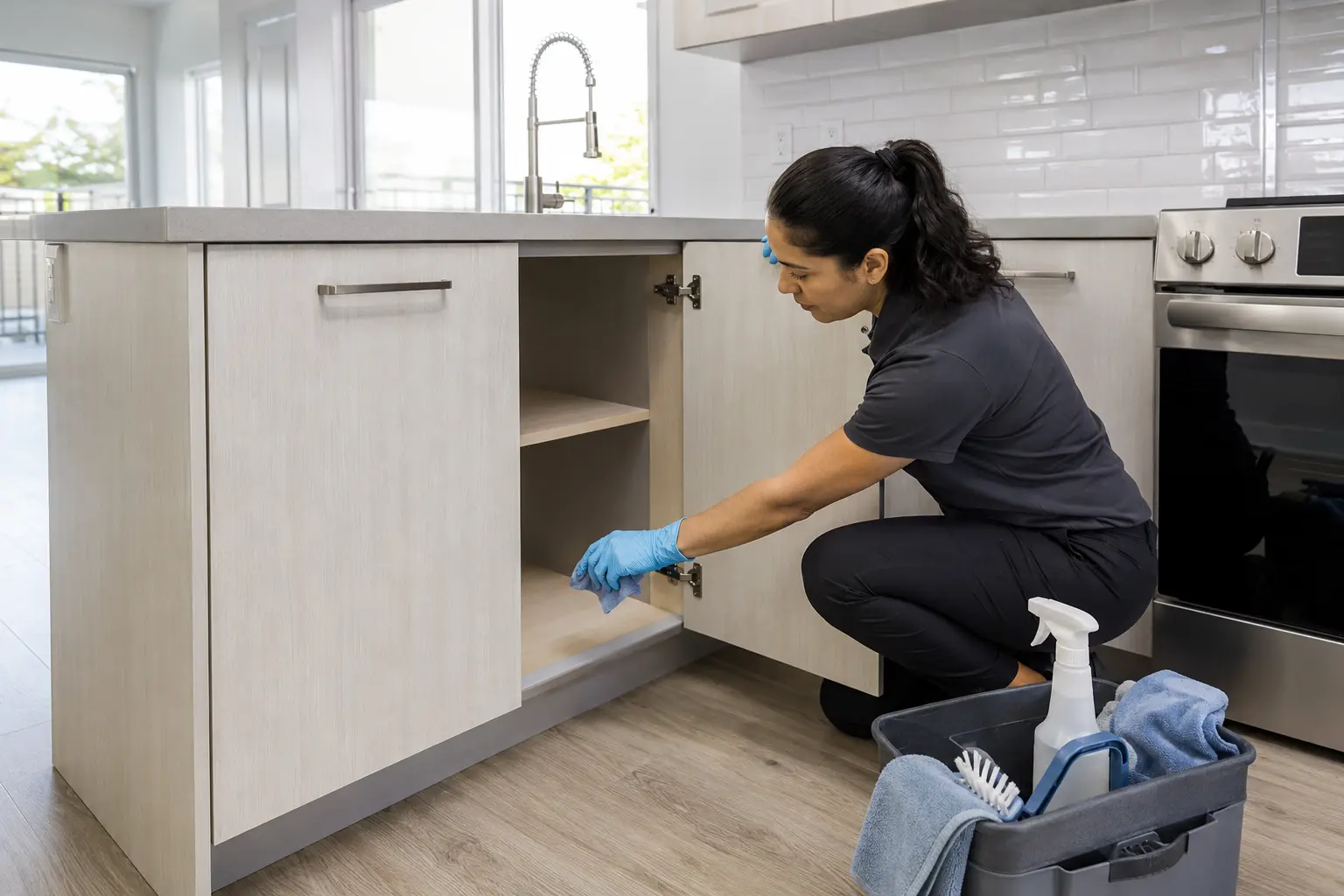 Professional cleaner wiping the inside of an empty kitchen cabinet during apartment turnover cleaning