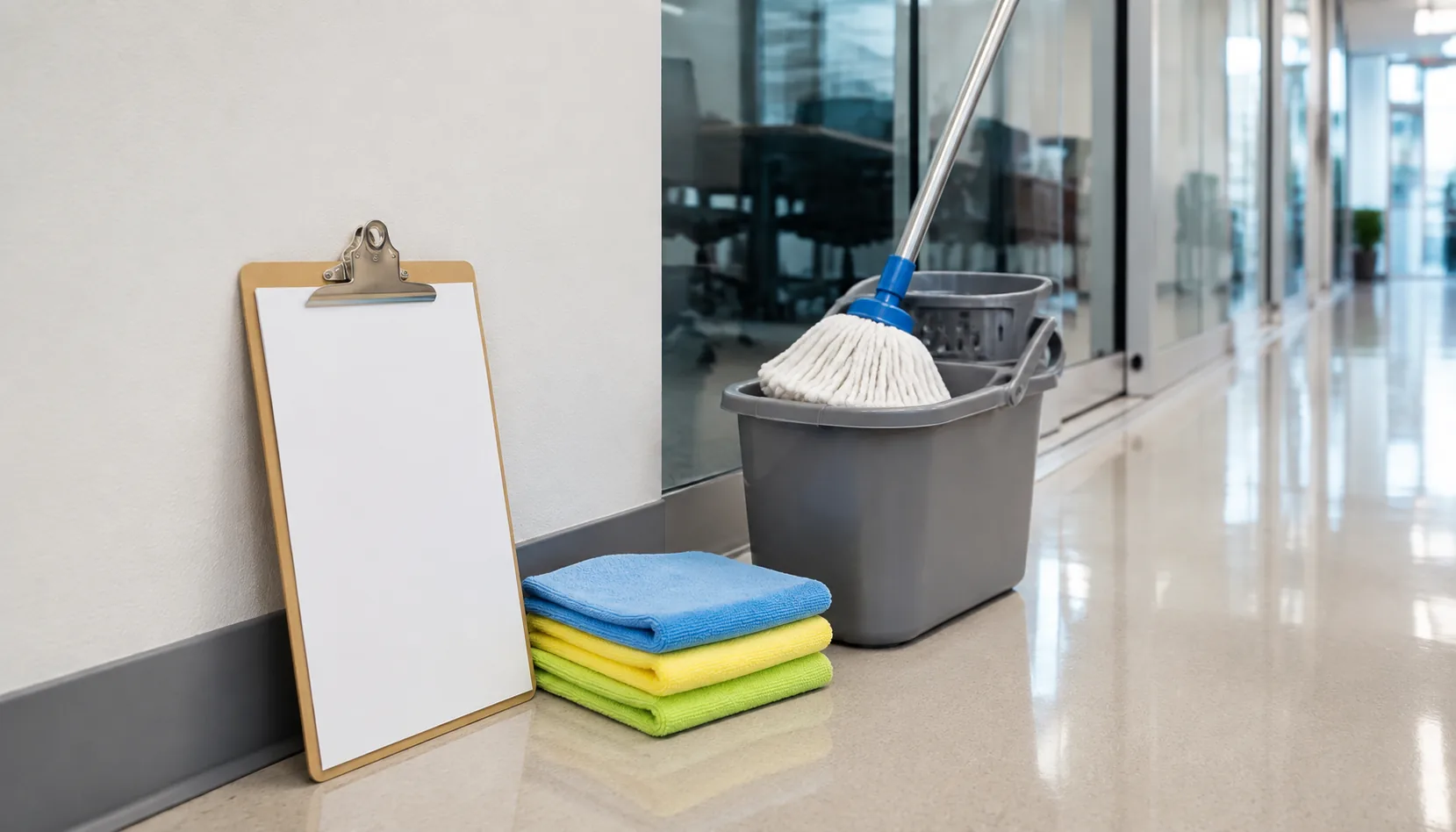 Commercial floor-care supplies prepared in a clean Orange County office corridor