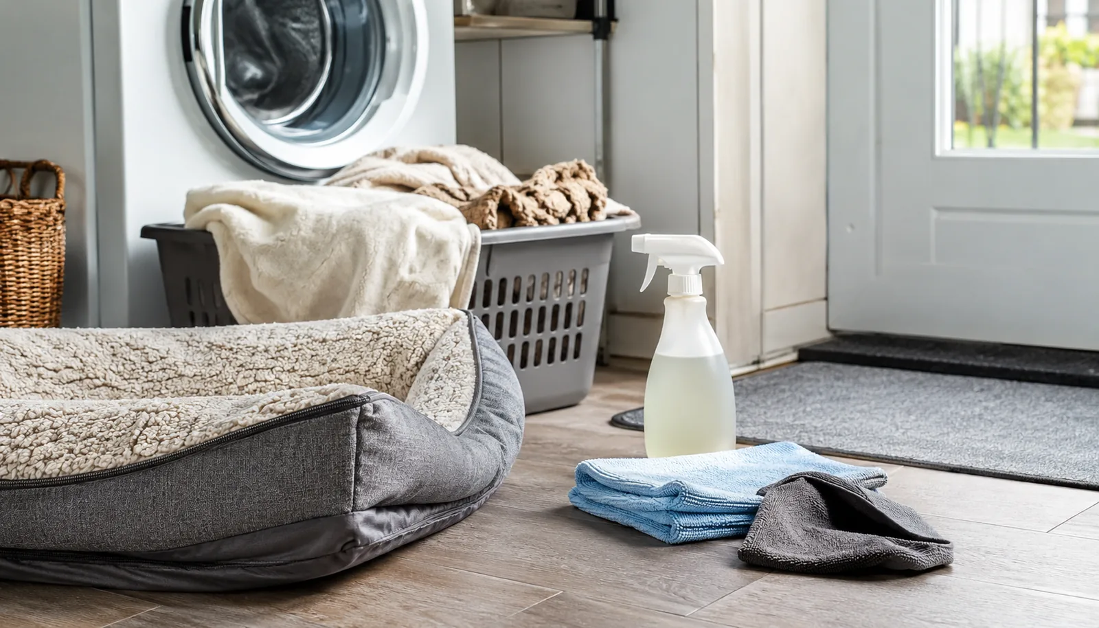 Dog odor cleaning setup with washable pet bed cover, microfiber cloths, and entry mat.