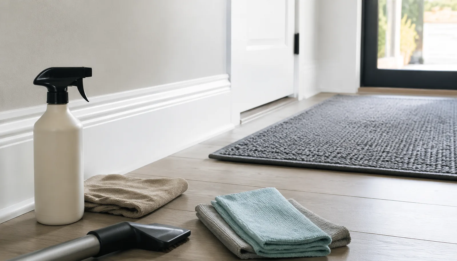 Floor and baseboard cleaning supplies for removing dog smell from entry areas.