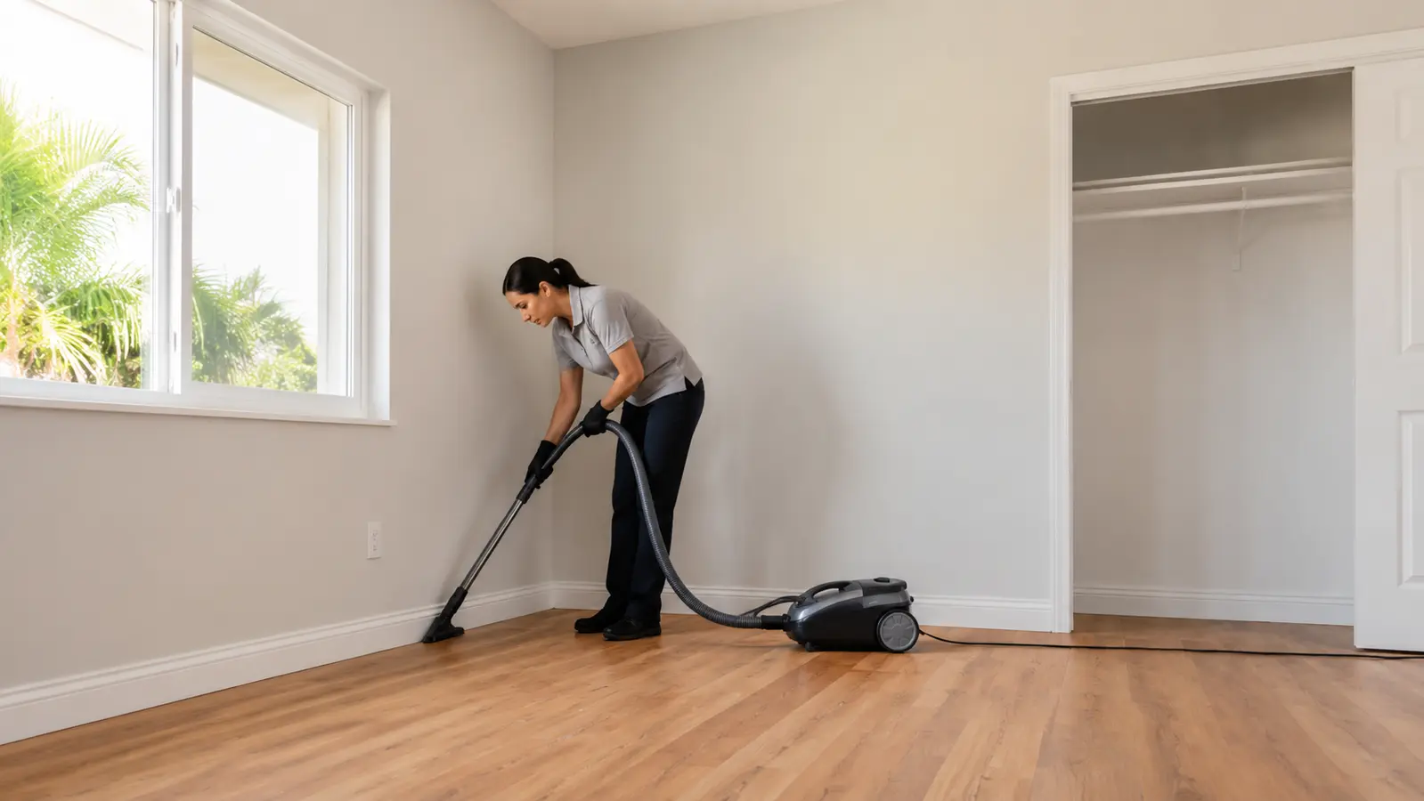 Professional cleaner vacuuming baseboards in an empty room before move-in