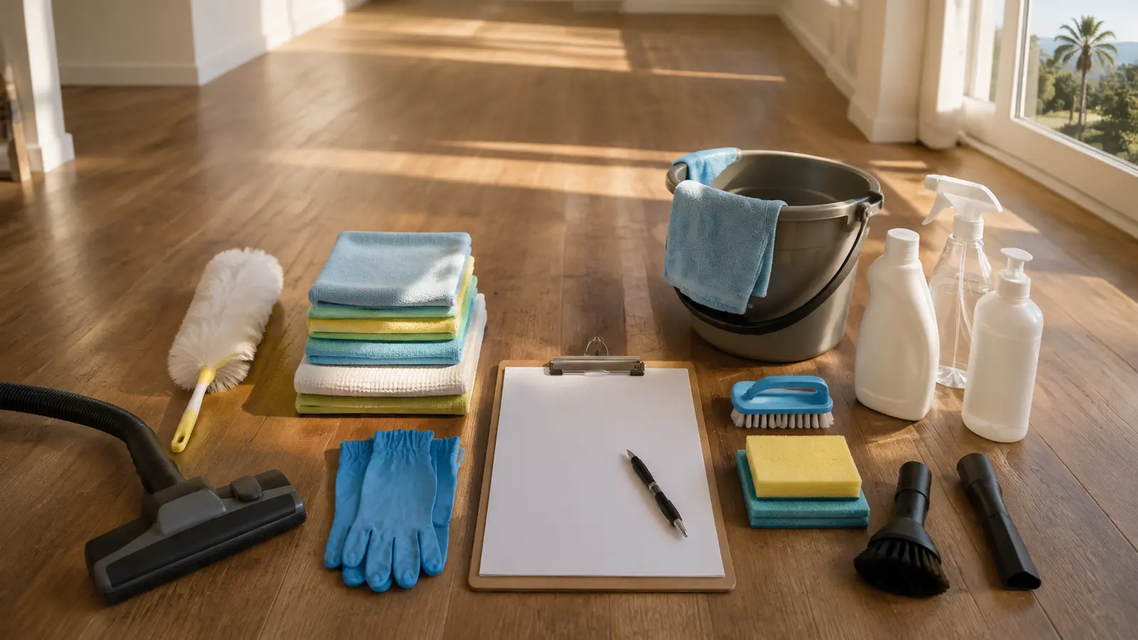 Move-in cleaning supplies arranged on the floor of an empty home