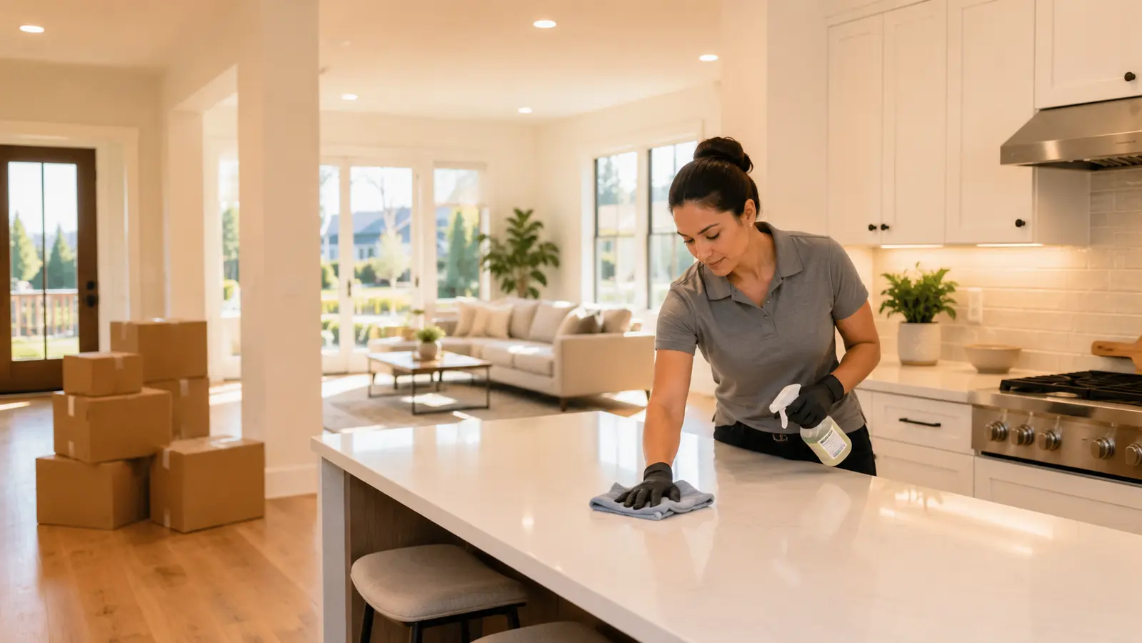 Professional cleaner wiping a kitchen island in a bright Orange County home before move-in