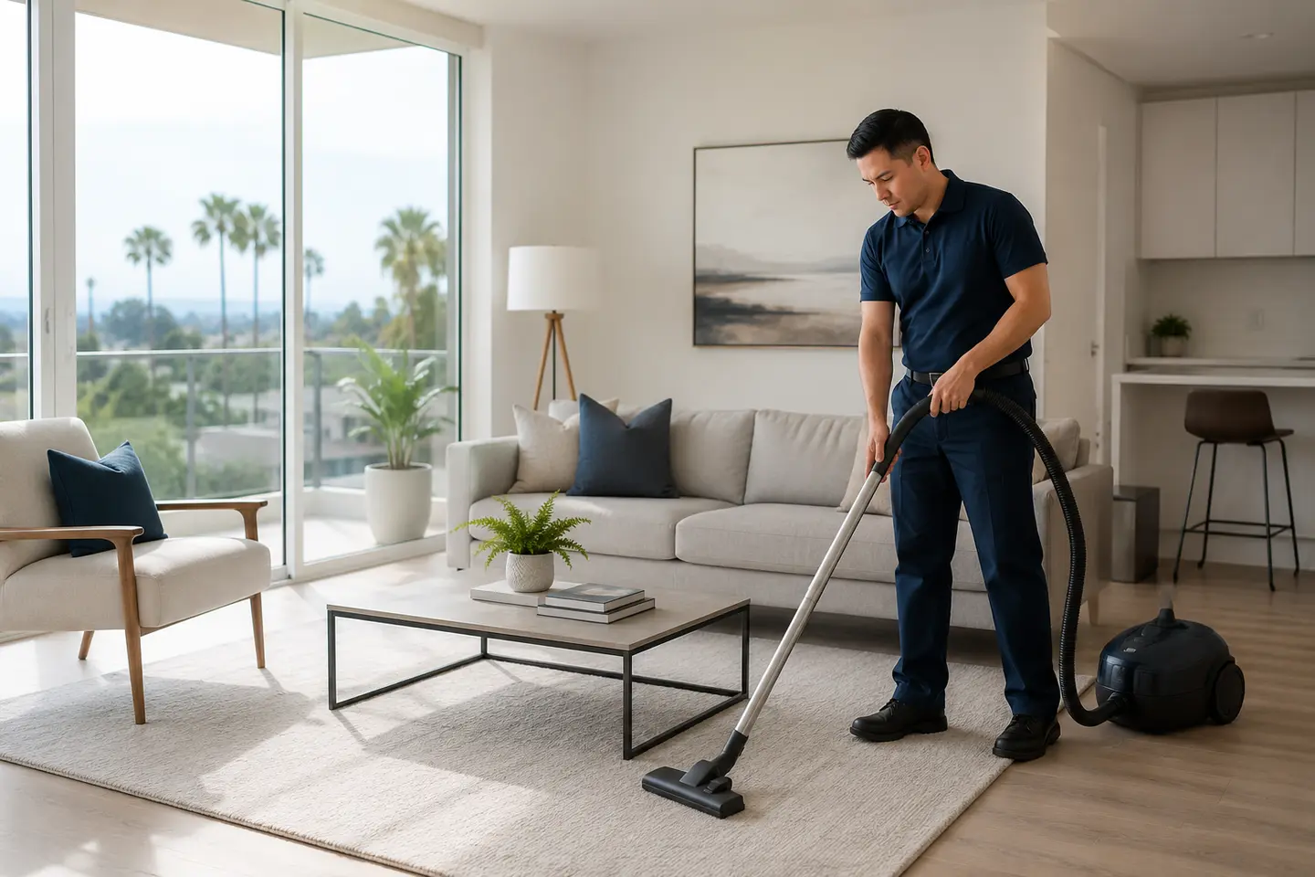 Professional cleaner vacuuming a bright Orange County apartment living room