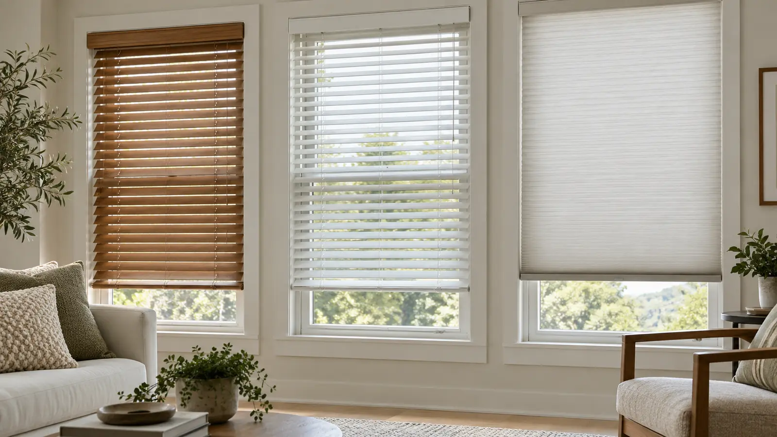 Three windows showing wood blinds, white horizontal blinds, and a cellular fabric shade