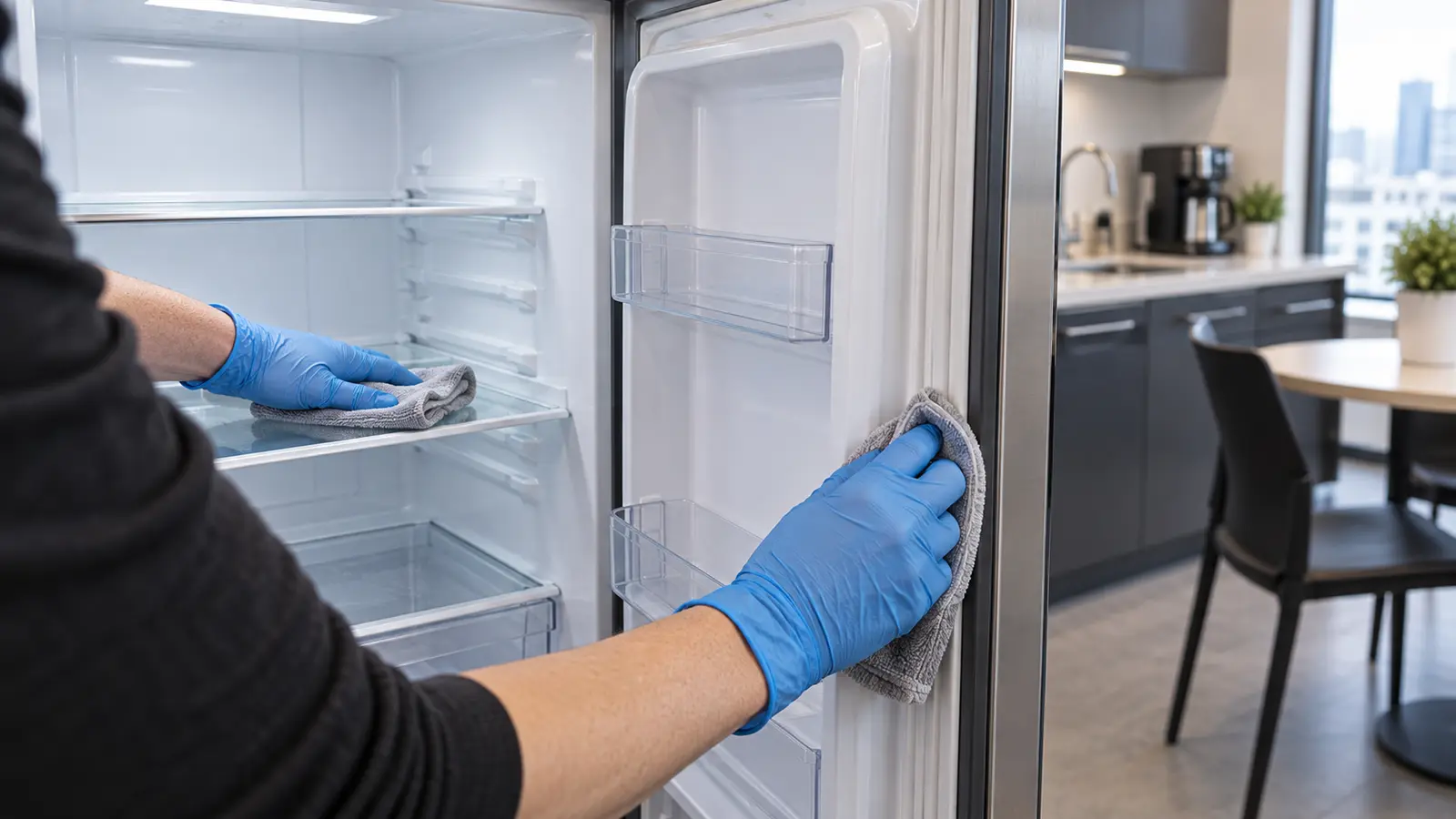 Gloved hands wiping a shelf and door seal inside an emptied shared office refrigerator