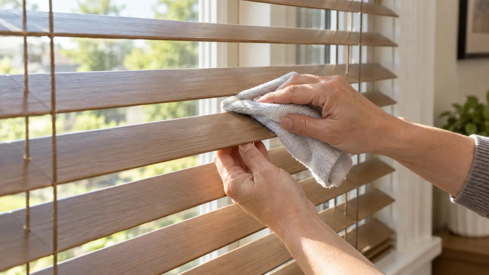 Hands supporting a wood blind slat while gently wiping it with a microfiber cloth