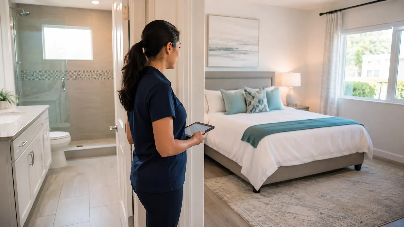 Professional cleaner completing a final walkthrough after cleaning a bedroom and bathroom