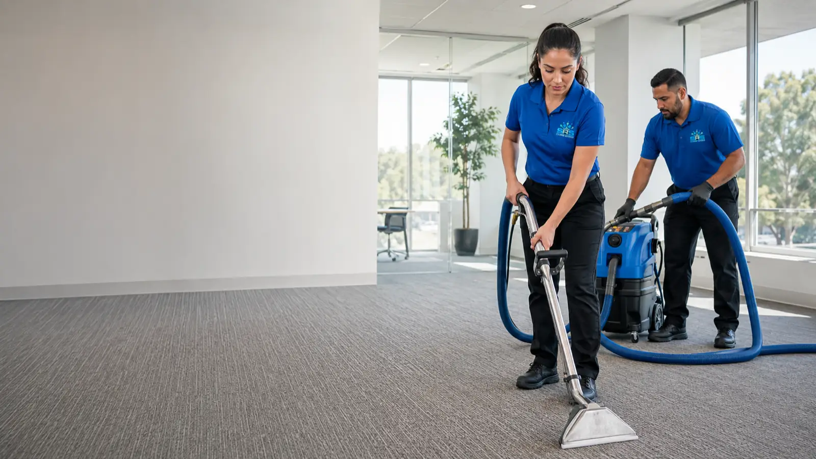 Two SRS technicians cleaning gray commercial carpet in a bright Orange County office