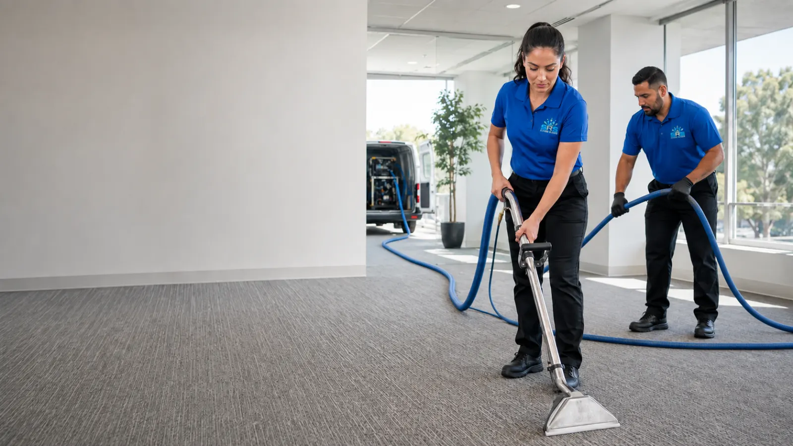 Illustration of SRS professionals cleaning commercial carpet with a truck-mounted system