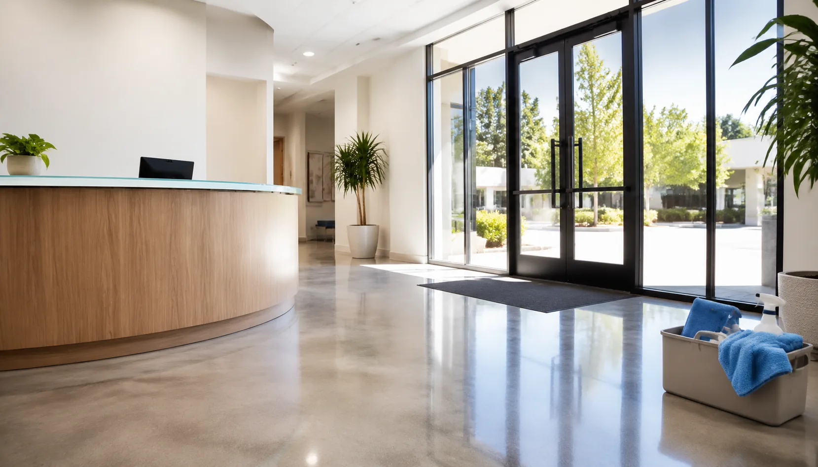 Commercial lobby cleaning checklist setup with supplies and glass entry doors.