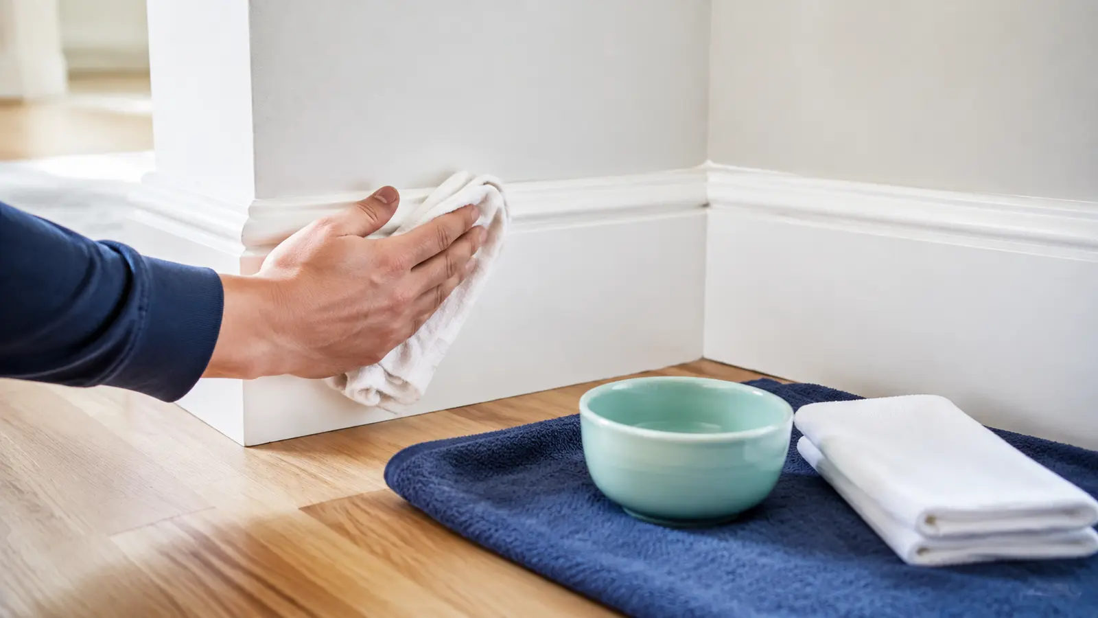 Hand wiping a painted baseboard with a barely damp microfiber cloth
