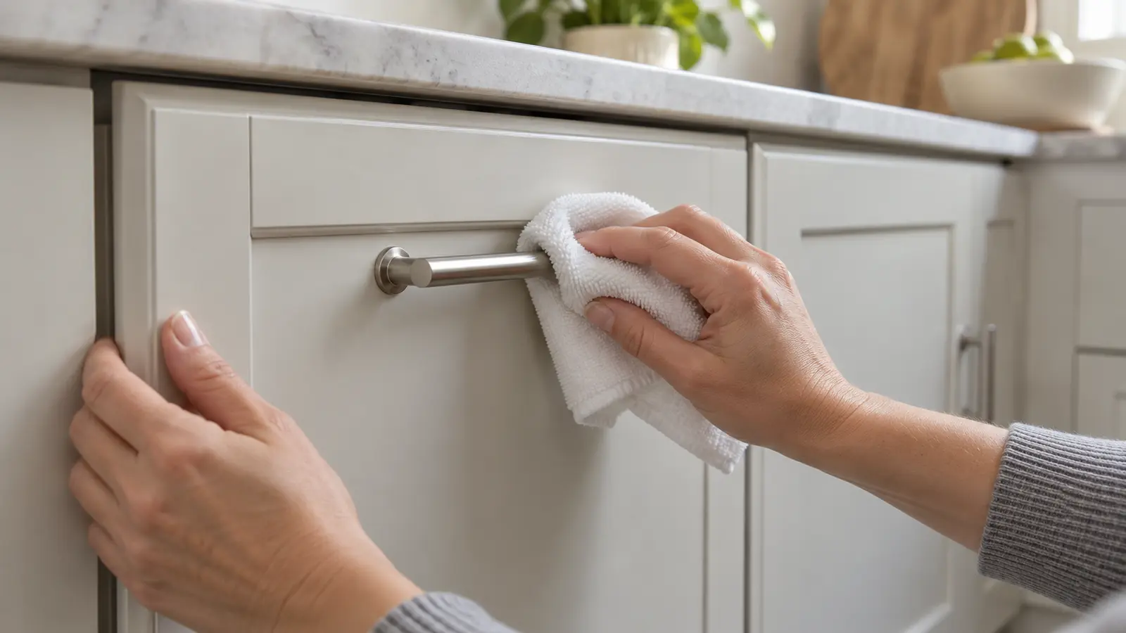Hands gently cleaning around a kitchen cabinet handle with a microfiber cloth