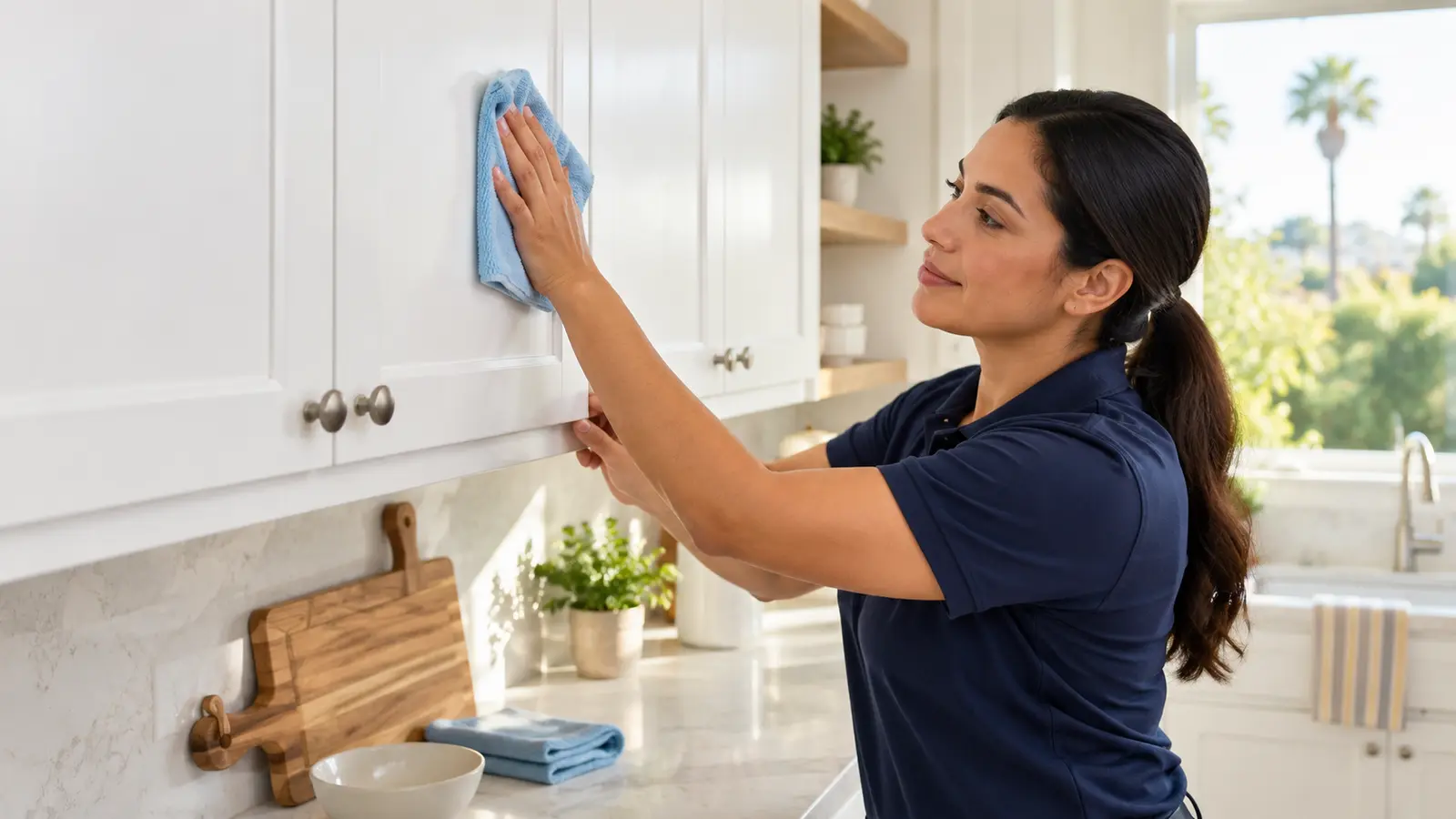 A professional cleaner gently wiping a white kitchen cabinet door with a microfiber cloth