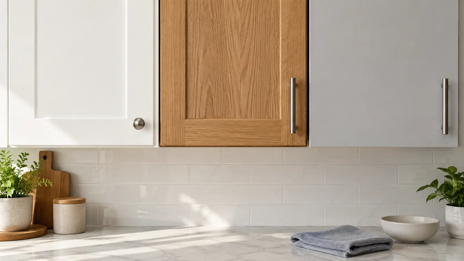 White painted, oak wood, and gray laminate kitchen cabinet finishes