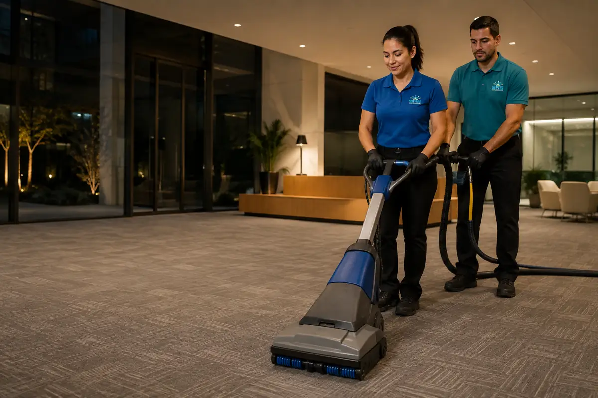 Two SRS technicians using low-moisture equipment on carpet in a commercial lobby