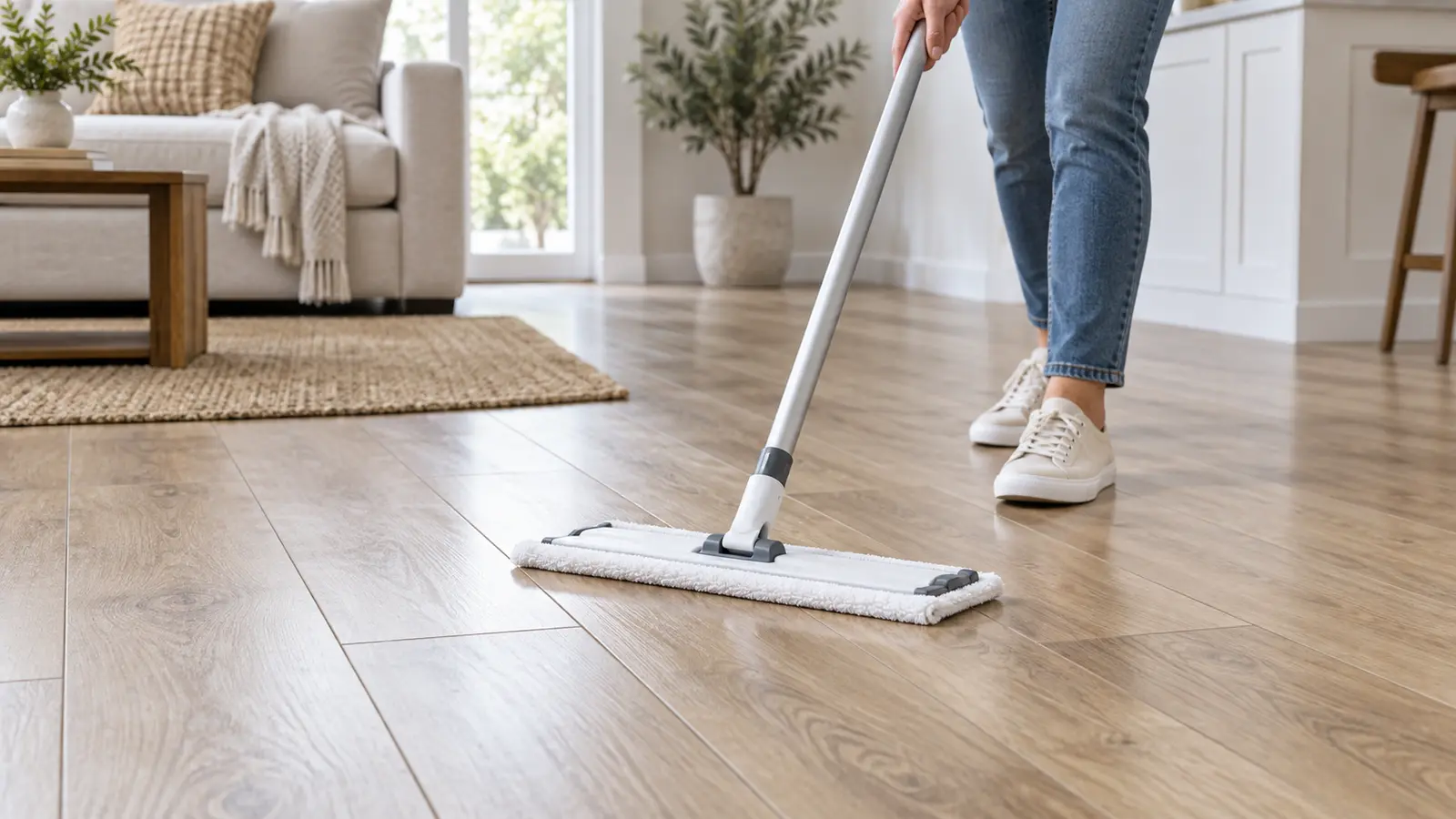 Microfiber flat mop cleaning laminate planks with a low-moisture technique