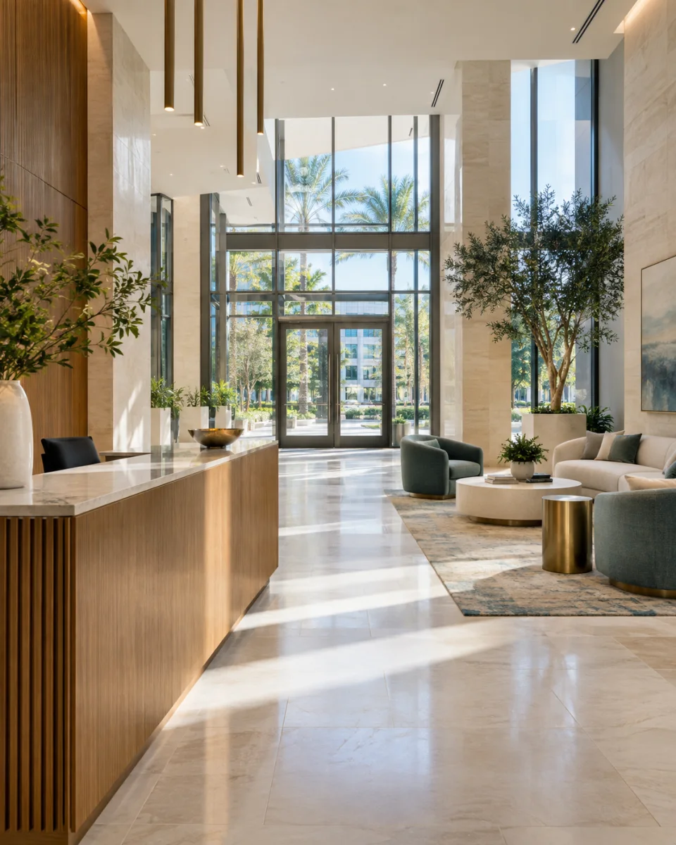 Illustration of a bright luxury building lobby with stone floors, oak finishes and a welcoming seating area.