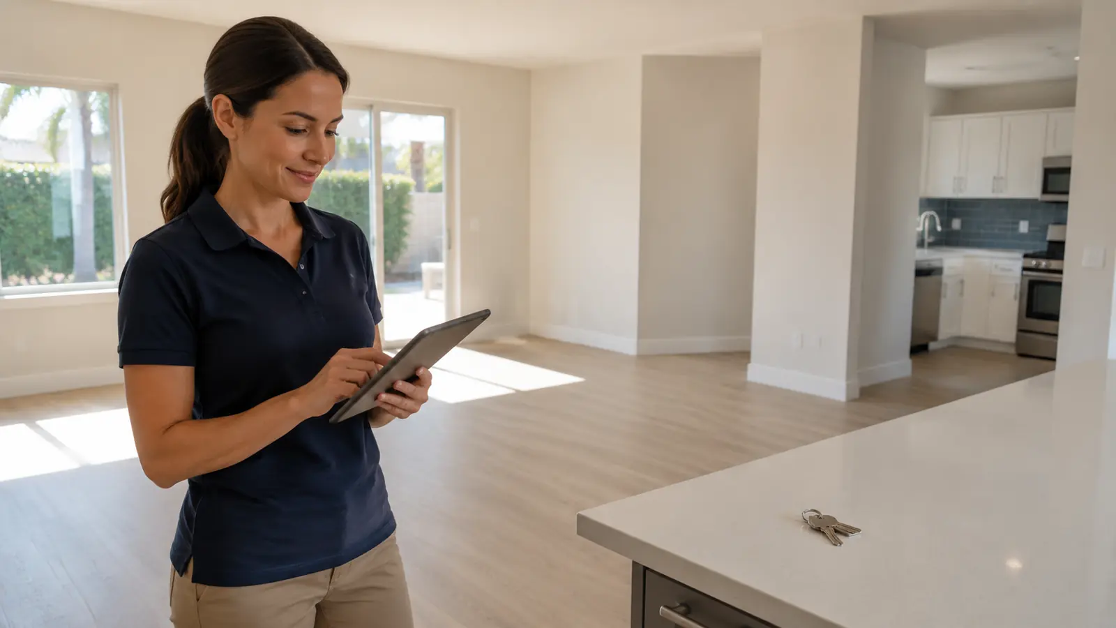 Service coordinator completing a final walkthrough in a clean empty apartment