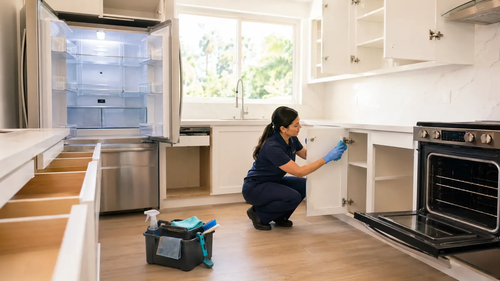 Professional cleaner wiping inside empty kitchen cabinets during Move Out Cleaning