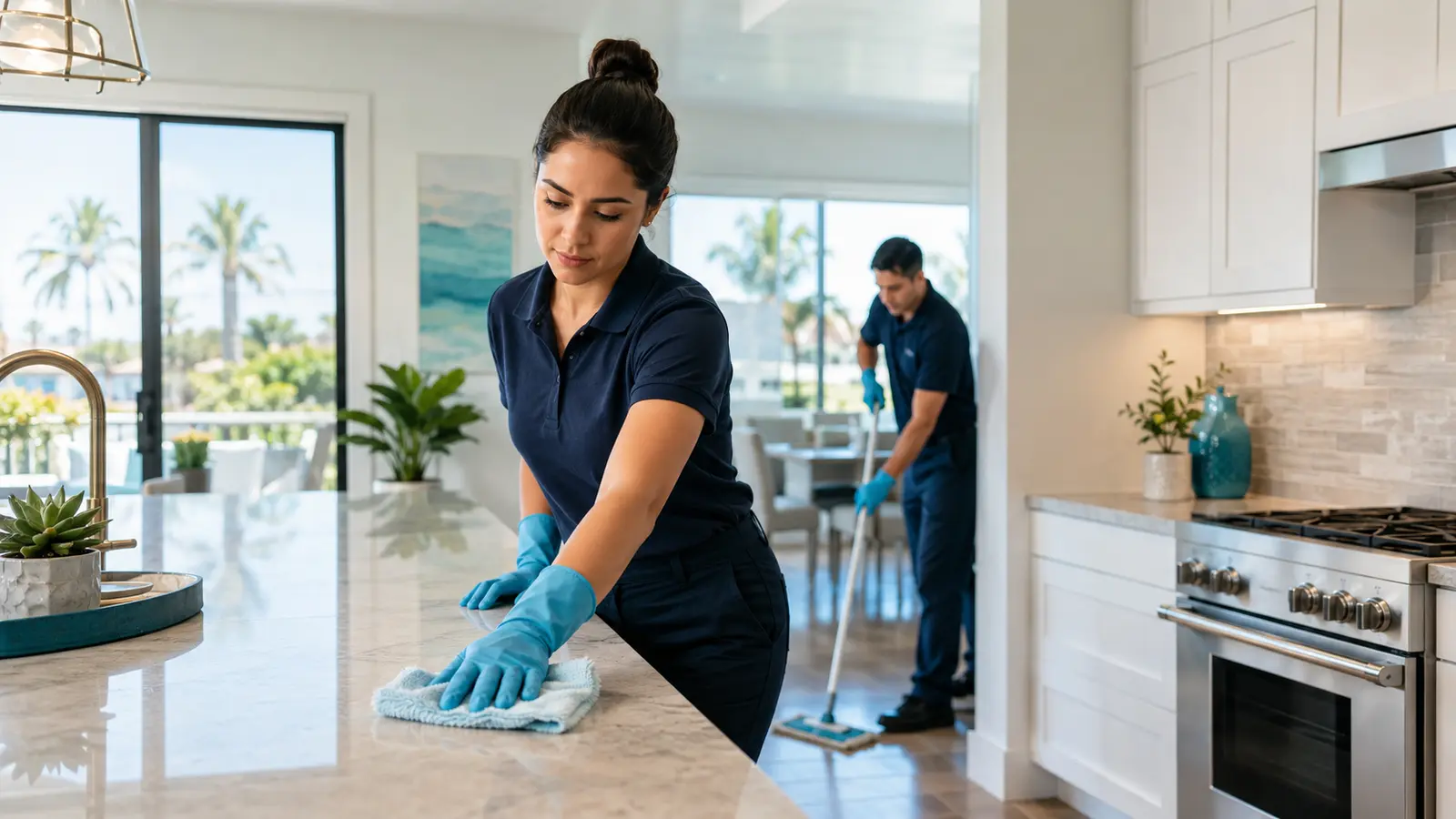 Cleaning team wiping a kitchen counter and mopping the floor during a one-time cleaning