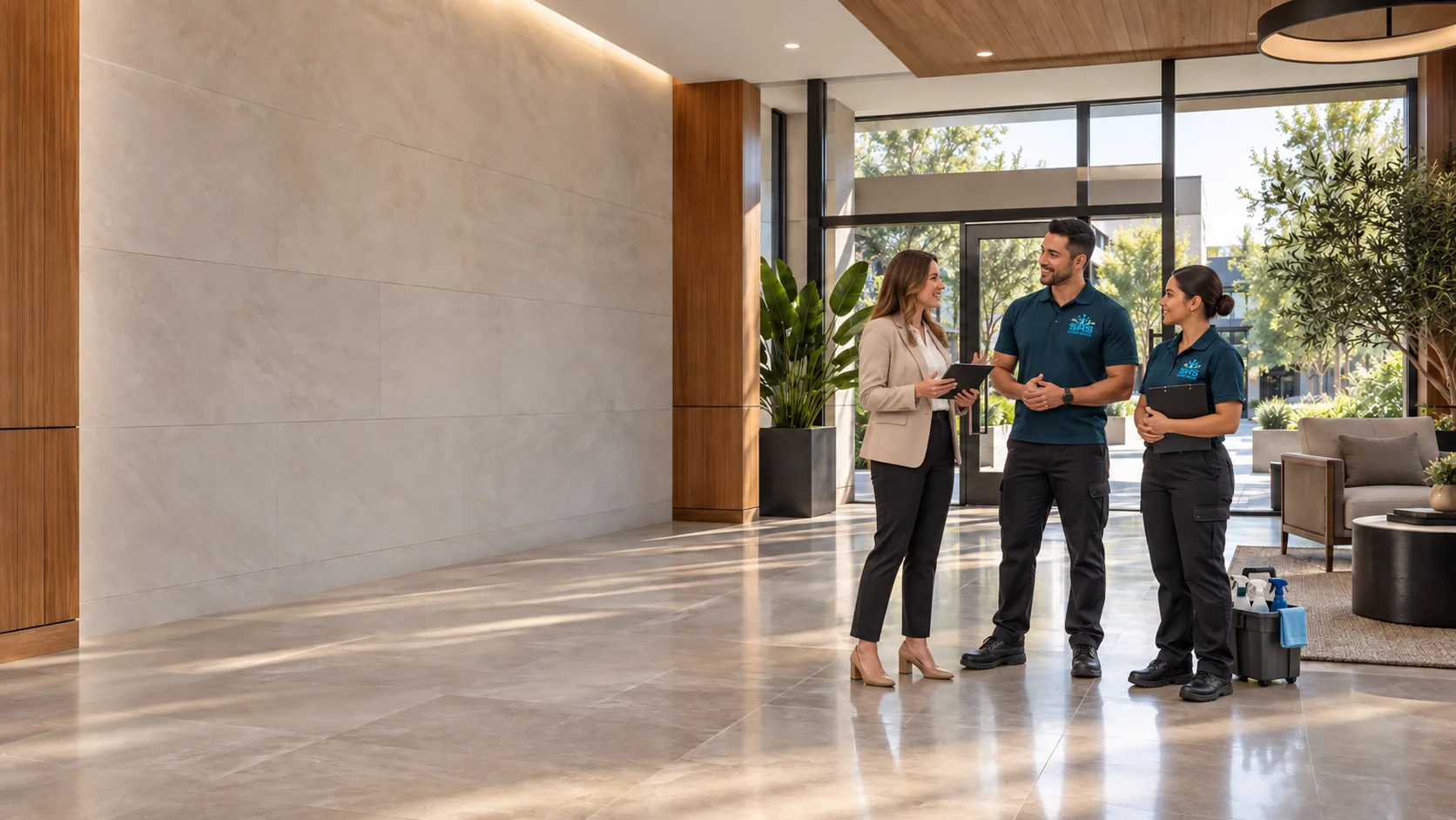 Illustration of a property manager speaking with two SRS cleaning professionals in a bright apartment-community lobby