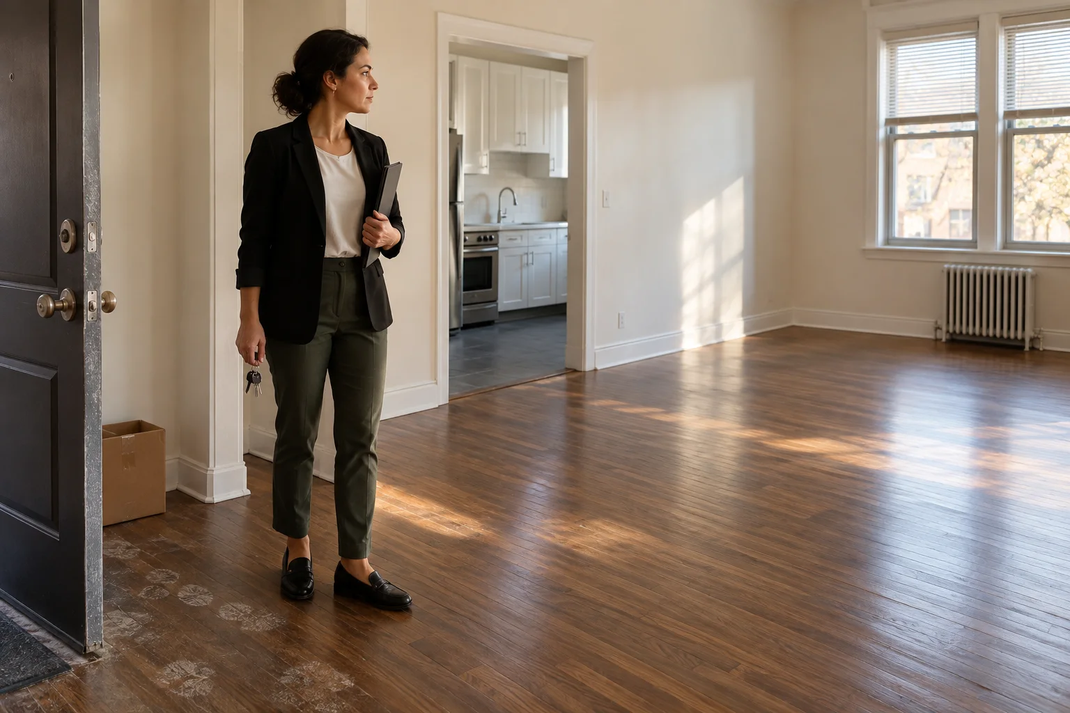 Illustration of a property manager reviewing an empty apartment before a turnover