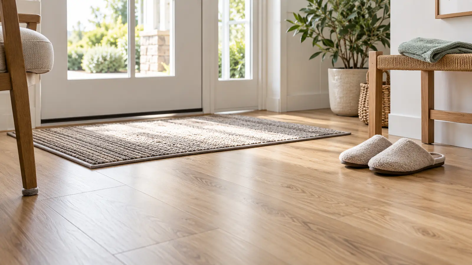 Entry mat, slippers and felt furniture pads protecting a clean laminate floor