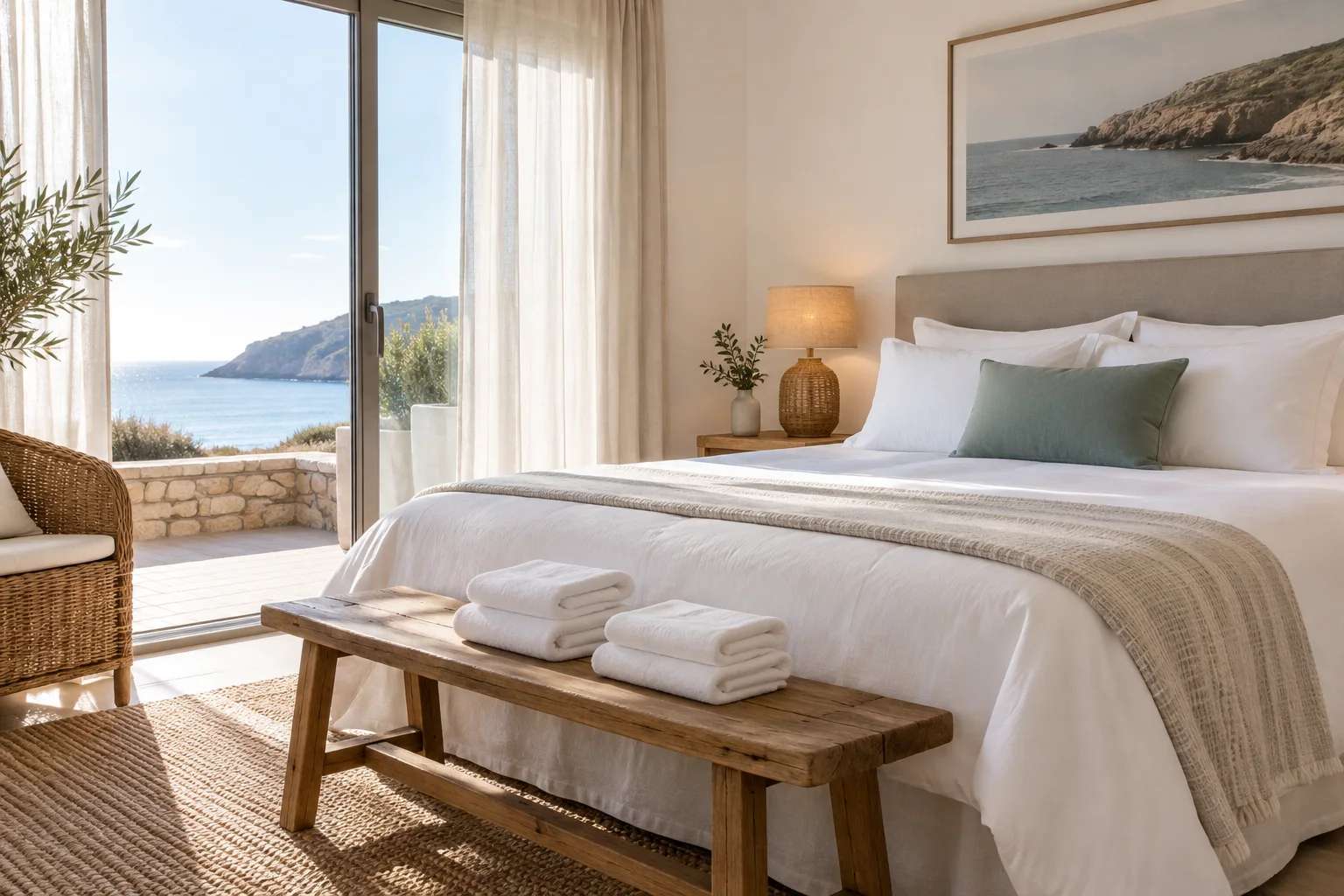 Freshly prepared rental bedroom with white bedding and folded towels on a wooden bench