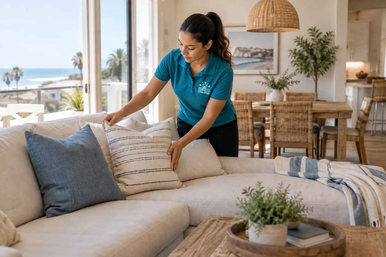 Cleaning professional arranging sofa cushions in a furnished coastal rental