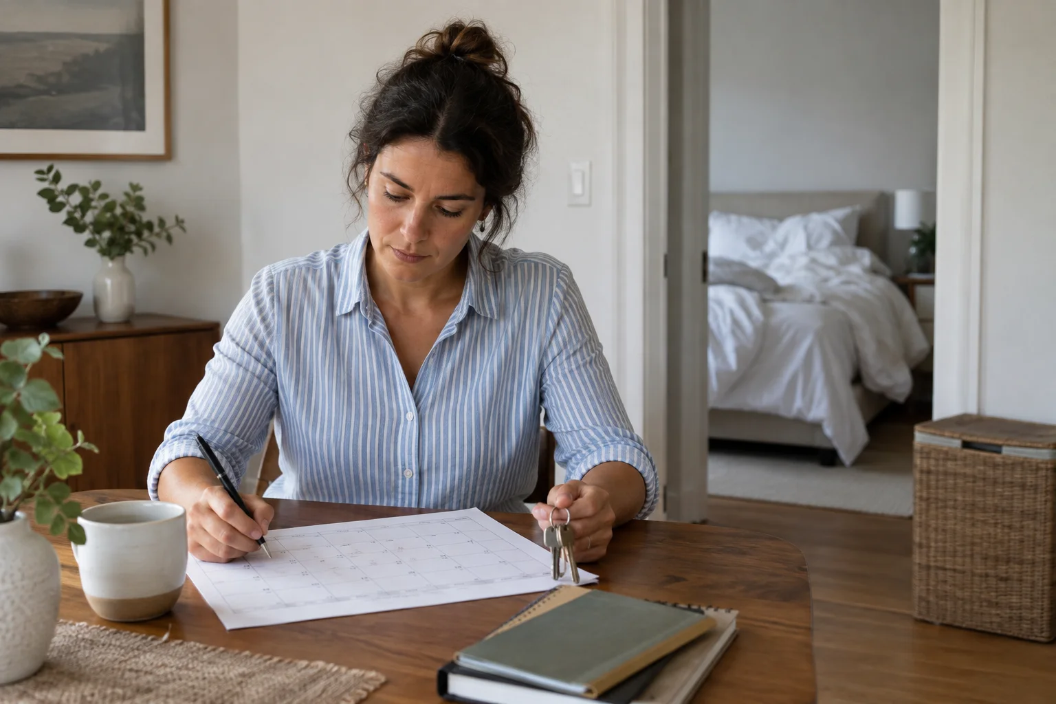 Rental host reviewing a calendar and keys with an unprepared bedroom in the background