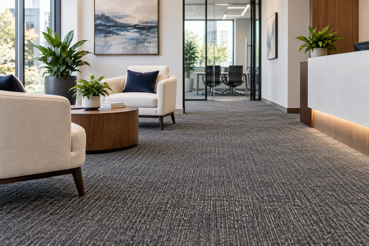 Illustration: a commercial reception area with clean textured carpet.