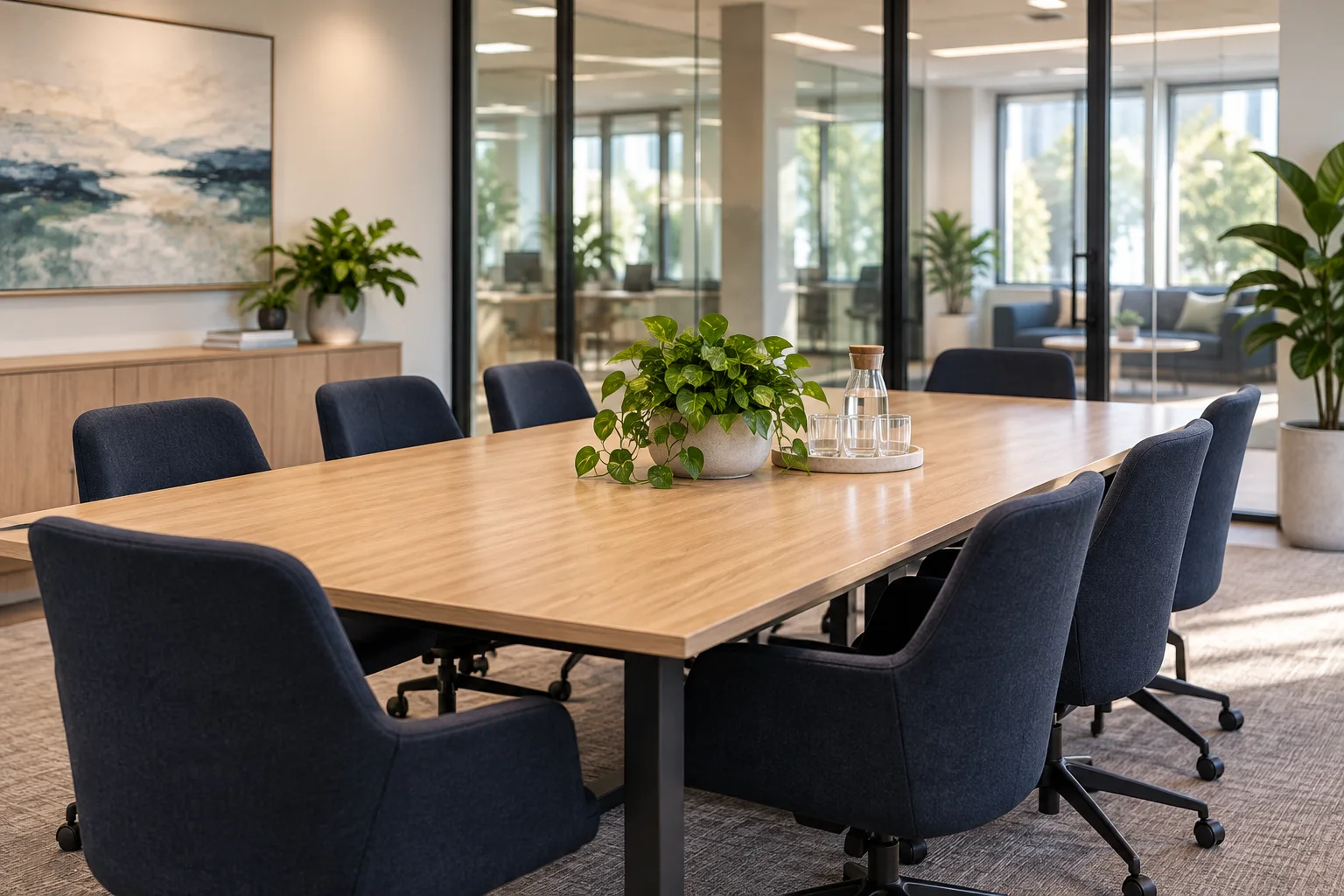 Illustration: a bright, clean office meeting room.
