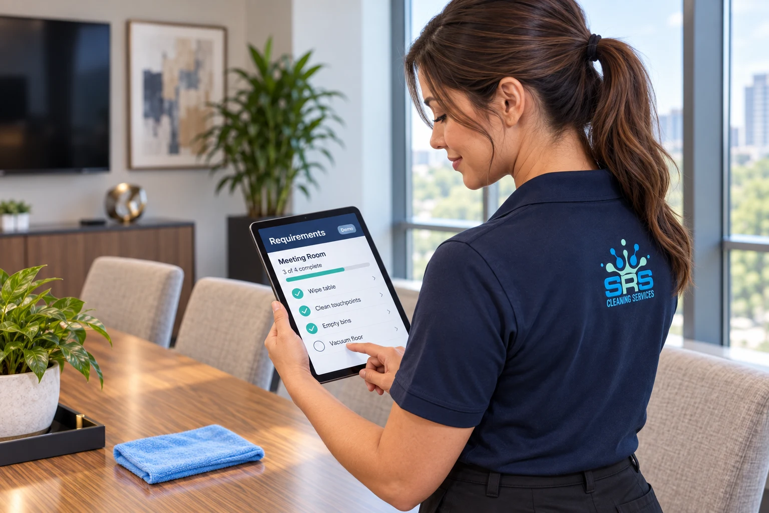 Illustration: an SRS cleaner checking completed meeting-room tasks on a tablet checklist mockup.