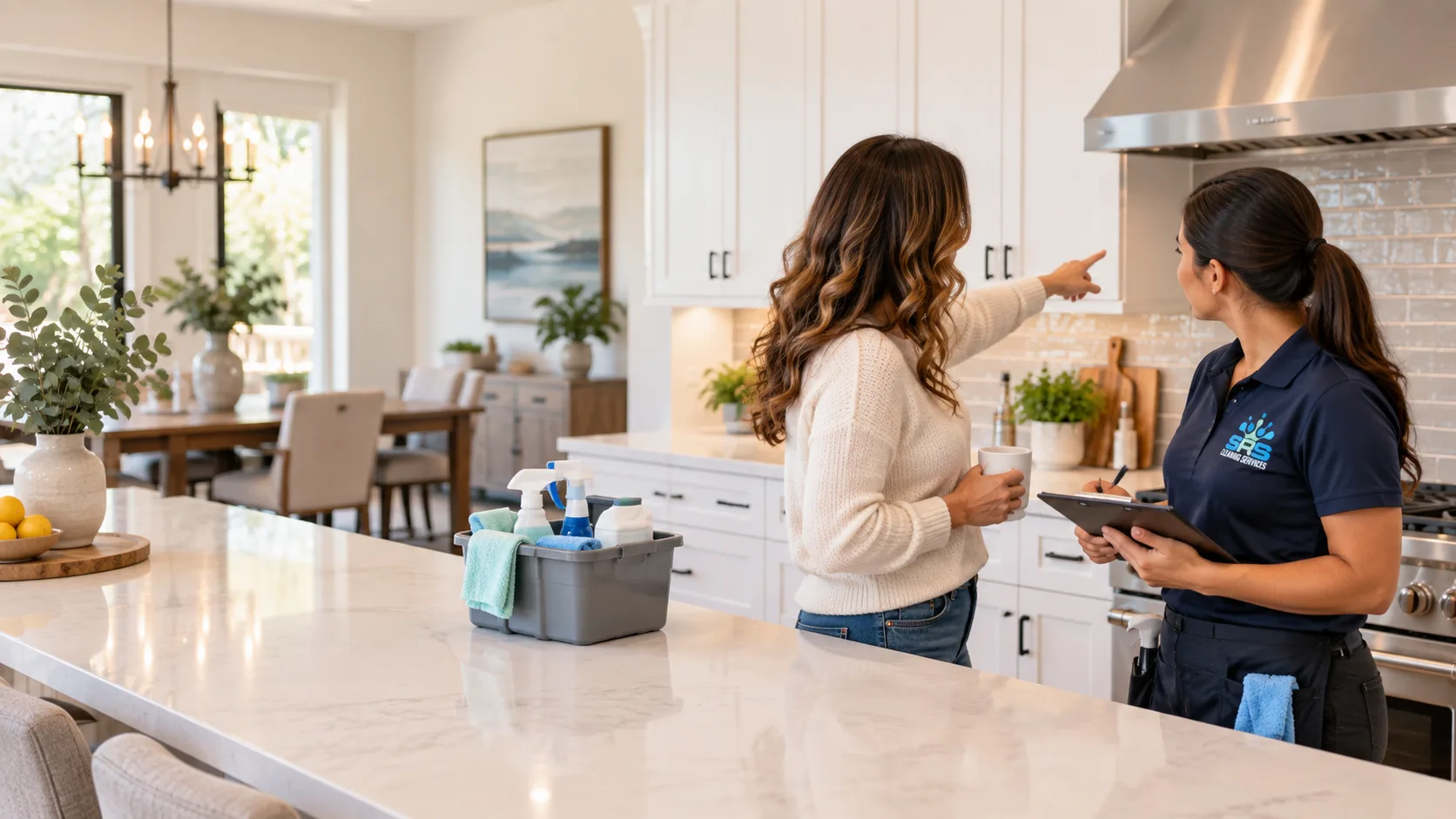 Illustration of a homeowner pointing out kitchen priorities to an SRS cleaning professional in a roomy Southern California kitchen, a cleaning caddy on the island, bright cabinetry, tile backsplash, dining room visible