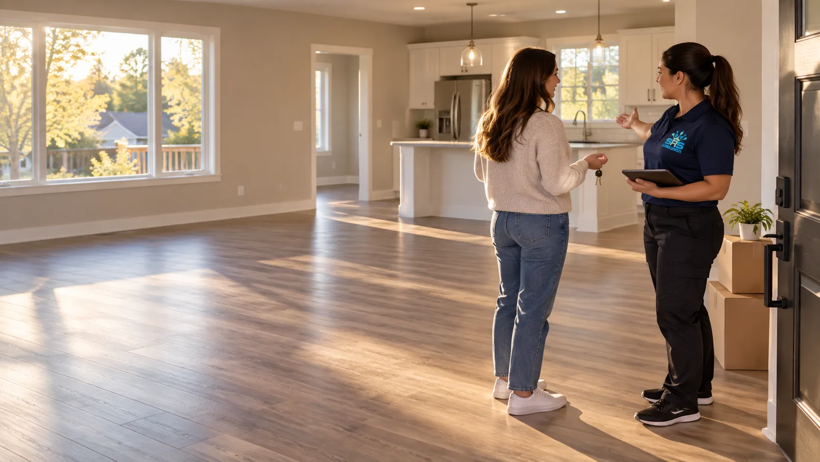 Illustration of a client with keys discussing an empty home with an SRS cleaning professional, a few closed moving boxes beside the doorway, large empty living room and clean kitchen visible, late afternoon light