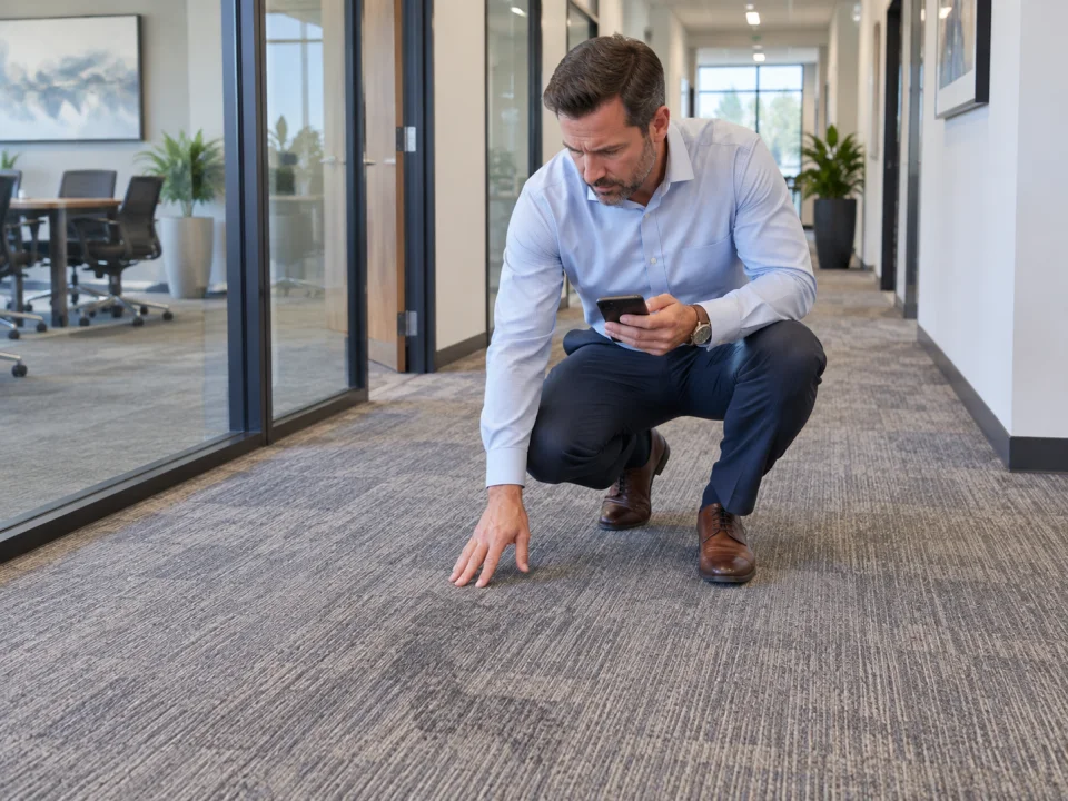 Illustration: A facilities manager in everyday business clothes inspecting a commercial carpet traffic lane while holding a smartphone to request an estimate.