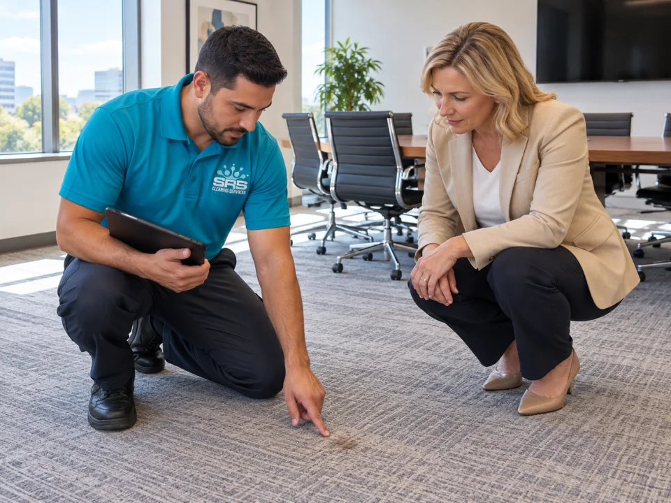 Illustration: One SRS carpet specialist in a teal polo reviewing carpet condition with a business owner, pointing to a small area of concern in a meeting room.
