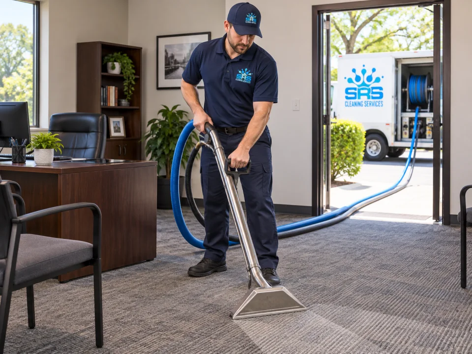 Illustration: One SRS carpet specialist in a navy polo using a stainless hot-water extraction wand on office carpet.