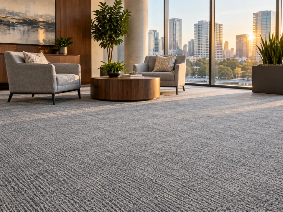 Illustration: Freshly cleaned commercial carpet in a sunny contemporary office lounge with chairs and a low table, subtle carpet texture and neat traffic lanes.