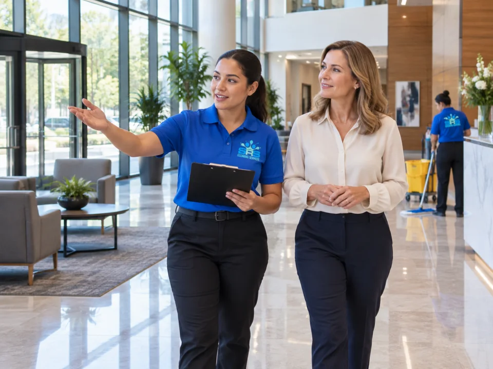 Illustration of an SRS professional and property manager reviewing a commercial lobby.