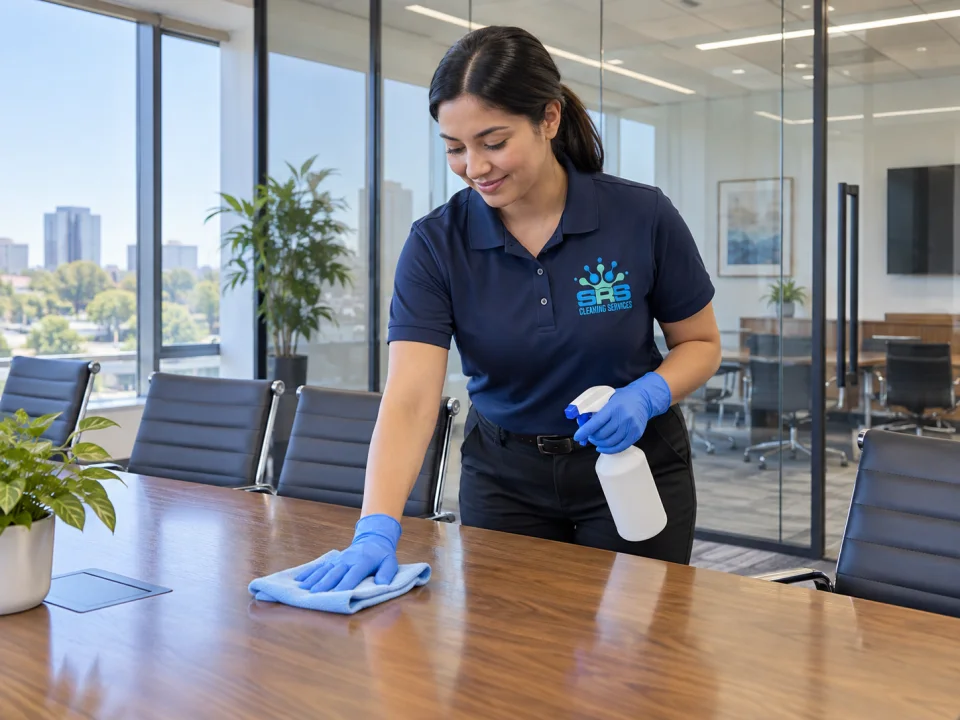 Illustration of a branded SRS professional cleaning a shared commercial table.