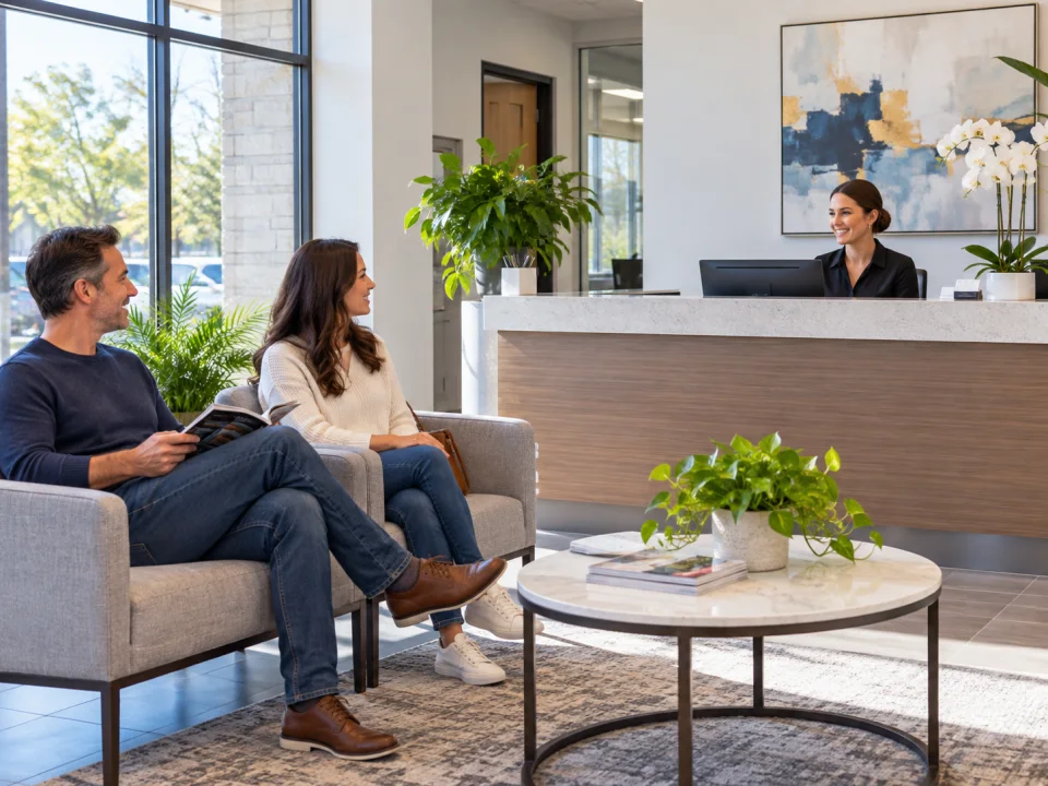 Illustration of a bright, welcoming commercial reception area.