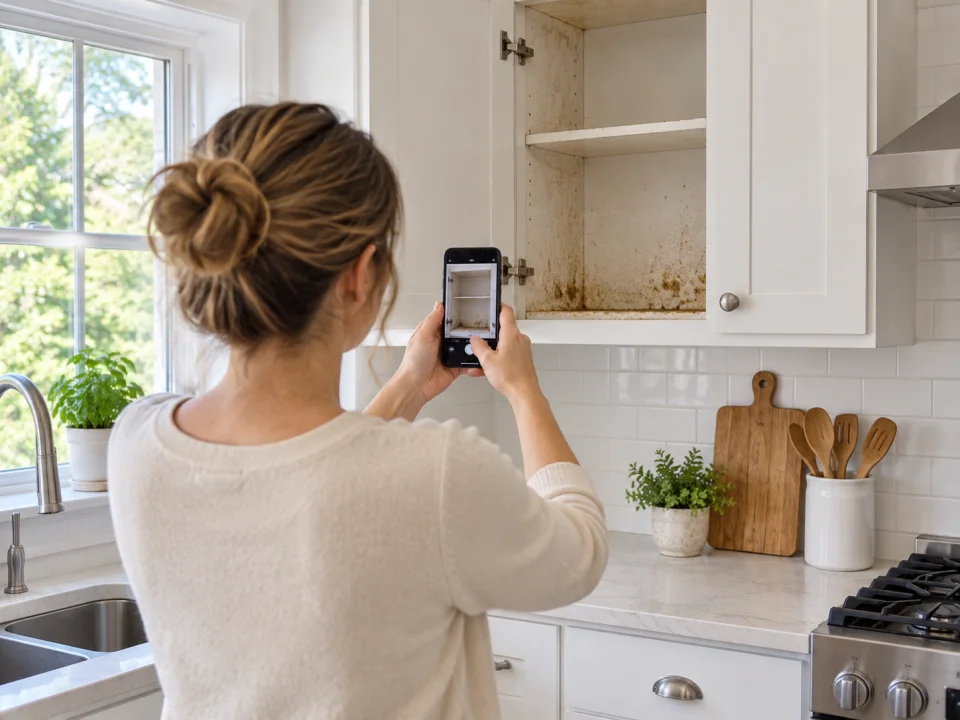 Illustration: A homeowner photographing kitchen cabinet buildup with a smartphone to explain cleaning priorities.