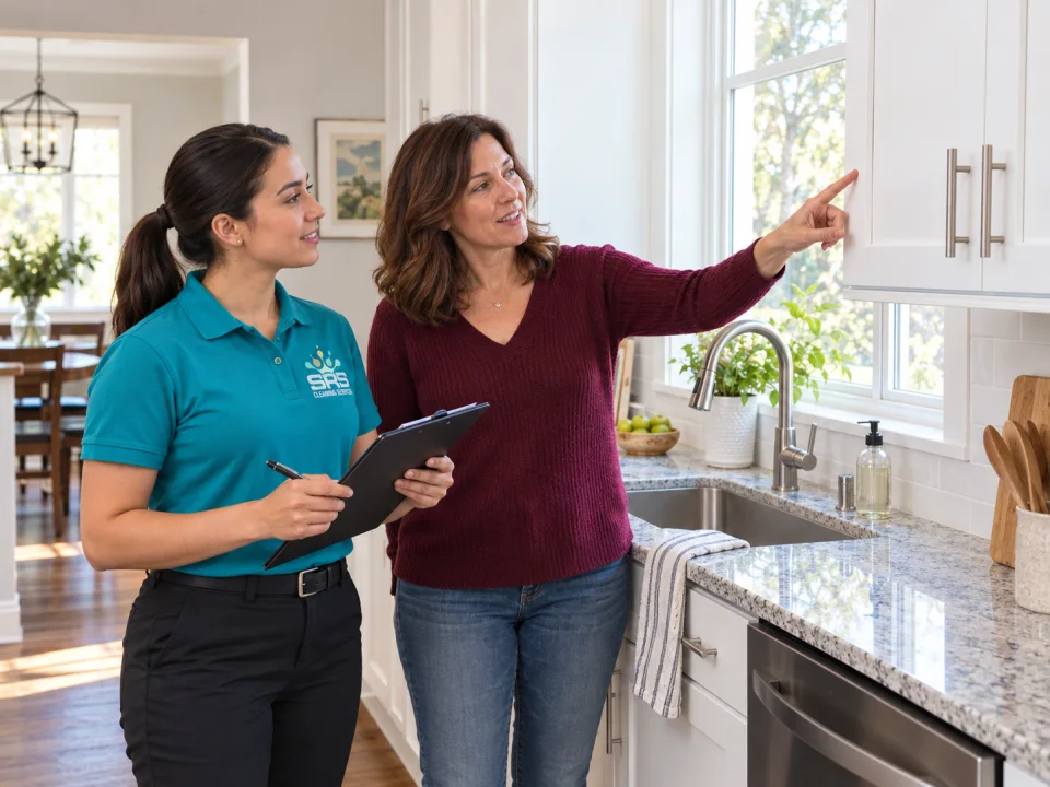 Illustration: An SRS professional in a teal polo reviewing kitchen details with a homeowner in a burgundy sweater, standing by a sink and cabinets.