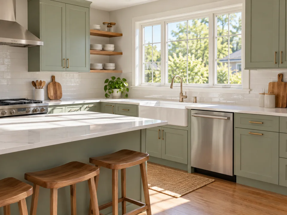Illustration: A beautifully clean residential kitchen with sage lower cabinets, pale counters and warm sun across a spotless sink.